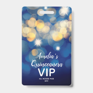 Chic Navy Gold Bokeh Quinceañera Nodig VIP Pass ui Badge
