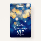 Chic Navy Gold Bokeh Quinceañera Nodig VIP Pass ui Badge (Voorkant)