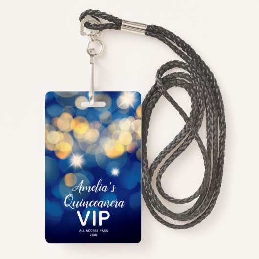Chic Navy Gold Bokeh Quinceañera Nodig VIP Pass ui Badge (Voorkant met draagriem)