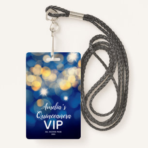 Chic Navy Gold Bokeh Quinceañera nodigt VIP-pas ui Badge