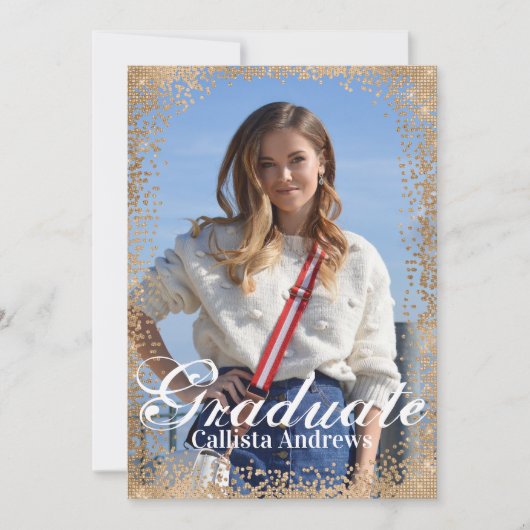 Chic Navy Gold Glitter Confetti Foto Afstuderen Kaart (Voorkant)