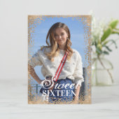 Chic Navy Gold Glitter Confetti Foto Sweet 16 Kaart (Staand voorkant)
