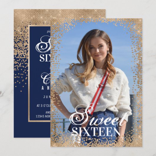 Chic Navy Gold Glitter Confetti Foto Sweet 16 Kaart (Voorkant / Achterkant)