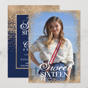 Chic Navy Gold Glitter Confetti Foto Sweet 16 Kaart