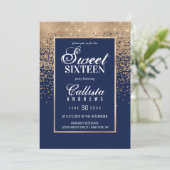 Chic Navy Gold Glitter Confetti Foto Sweet 16 Kaart (Staand voorkant)