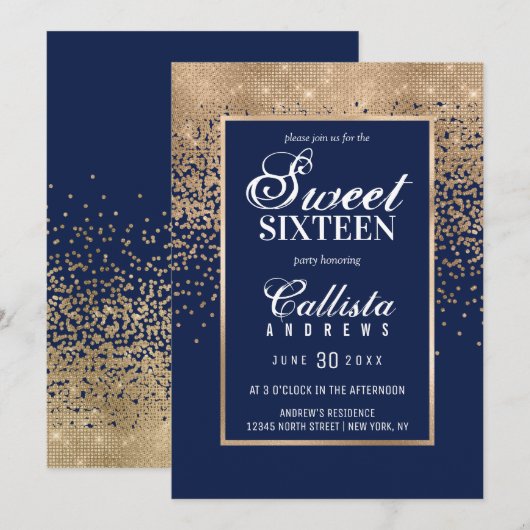Chic Navy Gold Glitter Confetti Foto Sweet 16 Kaart (Voorkant / Achterkant)