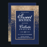 Chic Navy Gold Glitter Confetti Foto Sweet 16 Kaart<br><div class="desc">Deze formele Sweet 16 foto-uitnodiging is geïnspireerd op het moderne en trendy kleurenpalet doordrenkt met een chique en glamoureuze ontwerpstructuur. De elegante en print toont faux gedrukte sprankelende gouden glitter ombre gradient confetti met een gouden rand om de tekst te lijsten, bovenop een eenvoudige marineblauwe achtergrond. Het bevat ook de...</div>