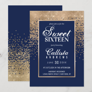Chic Navy Gold Glitter Confetti Foto Sweet 16 Kaart
