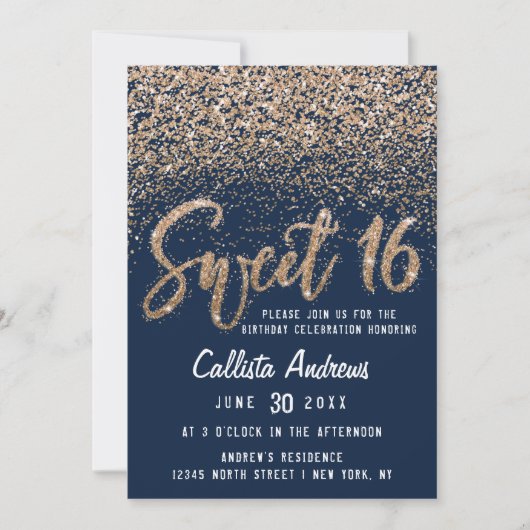 Chic Navy Gold Scattered Glitter Ombre Sweet 16 Kaart (Voorkant)