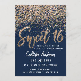 Chic Navy Gold Scattered Glitter Ombre Sweet 16 Kaart