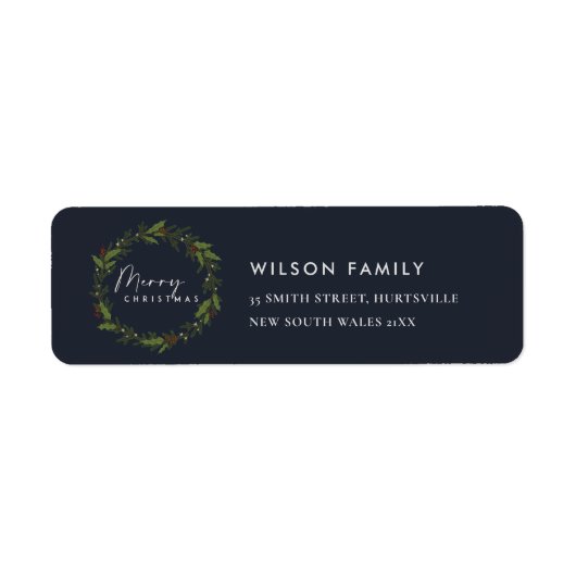 CHIC NAVY HOLLY BERRY WREATH CHRISTMAS ADRES ETIKET (Voorkant)