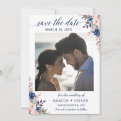 Chic Navy Peach Floral foto Save the Date Kaart (Voorkant)