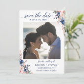 Chic Navy Peach Floral foto Save the Date Kaart (Staand voorkant)
