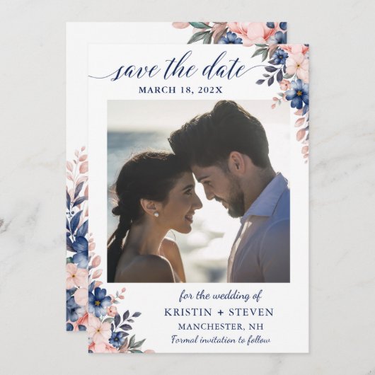 Chic Navy Peach Floral foto Save the Date Kaart (Voorkant / Achterkant)