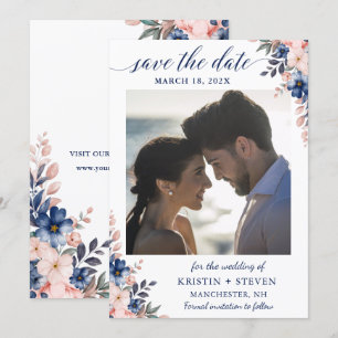Chic Navy Peach Floral foto Save the Date Kaart