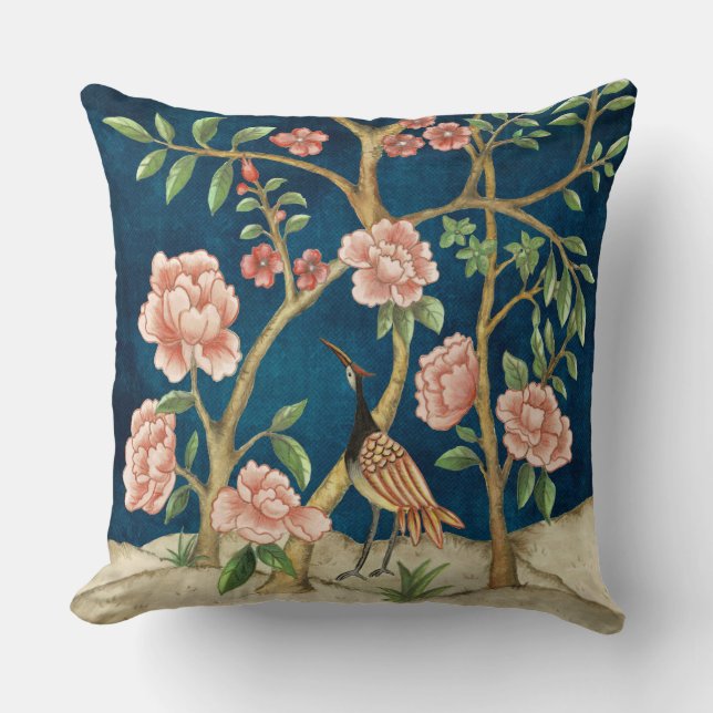 Chic Navy Pink Chinoiserie Floral Bird Greenery Kussen (Voorkant)