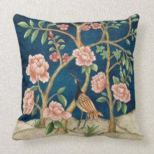 Chic Navy Pink Chinoiserie Floral Bird Greenery Kussen