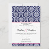 Chic Navy & Pink Damask Wedding Kaart (Voorkant)