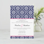 Chic Navy & Pink Damask Wedding Kaart (Staand voorkant)
