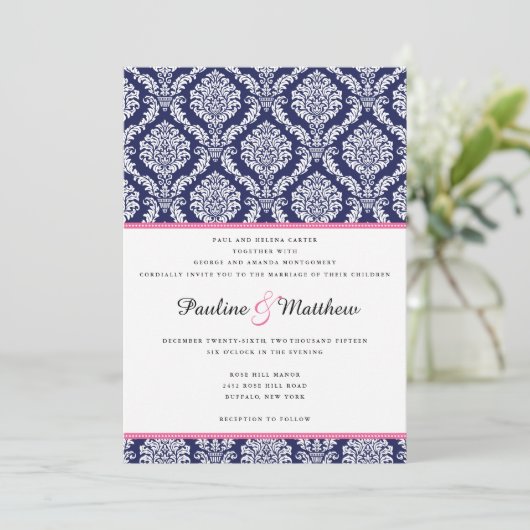Chic Navy & Pink Damask Wedding Kaart (Staand voorkant)