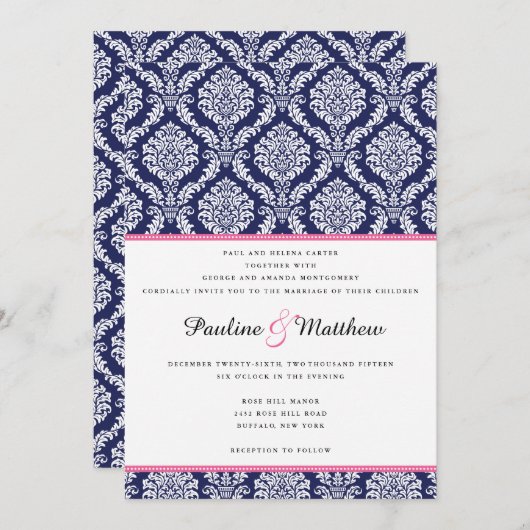 Chic Navy & Pink Damask Wedding Kaart (Voorkant / Achterkant)