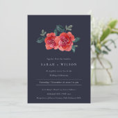CHIC NAVY RED GREEN ROOS FLORAL WEDDING INVITE BEDANKKAART (Staand voorkant)