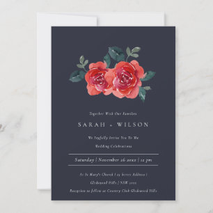 CHIC NAVY RED GREEN ROOS FLORAL WEDDING INVITE BEDANKKAART
