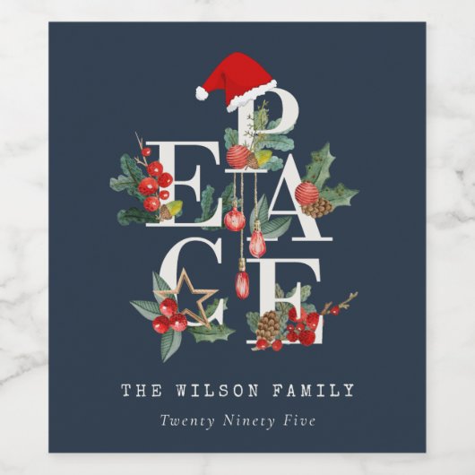 Chic Navy Red Green White Peace-kerstval Wijn Etiket (Enkel label)