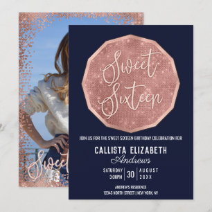 Chic Navy Roos Gold Glitter Polygon Foto Sweet 16 Kaart