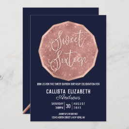 Chic Navy Roos Gold Glitter Polygon Geo Sweet 16 Kaart