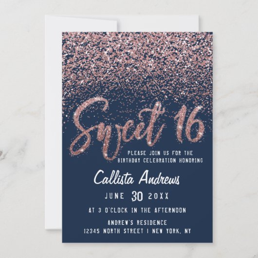 Chic Navy Roos Gold Scattered Glitter Sweet 16 Kaart (Voorkant)