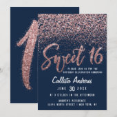 Chic Navy Roos Gold Scattered Glitter Sweet 16 Kaart (Voorkant / Achterkant)