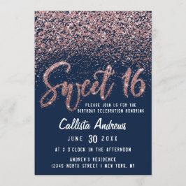 Chic Navy Roos Gold Scattered Glitter Sweet 16 Kaart