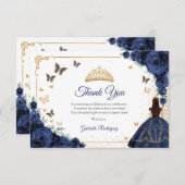 Chic Navy Roses Gold Quinceanera Bedankkaart (Voorkant / Achterkant)