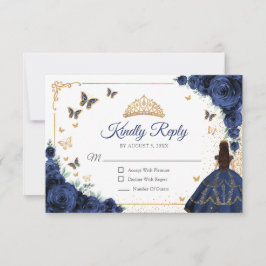 Chic Navy Roses Gold Quinceanera Reply RSVP Kaartje
