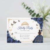 Chic Navy Roses Gold Quinceanera Reply RSVP Kaartje (Staand voorkant)