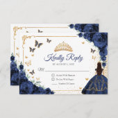 Chic Navy Roses Gold Quinceanera Reply RSVP Kaartje (Voorkant / Achterkant)