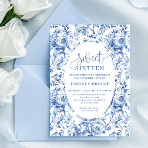 Chic Navy Rozen Digitale Download Sweet 16 Uitnodi Kaart
