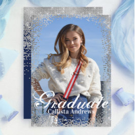 Chic Navy Silver Glitter Confetti Photo Afstuderen Kaart