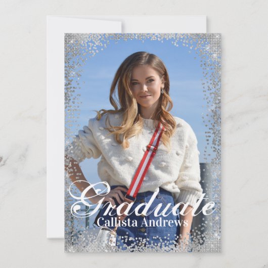Chic Navy Silver Glitter Confetti Photo Afstuderen Kaart (Voorkant)