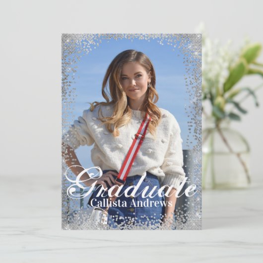 Chic Navy Silver Glitter Confetti Photo Afstuderen Kaart (Staand voorkant)