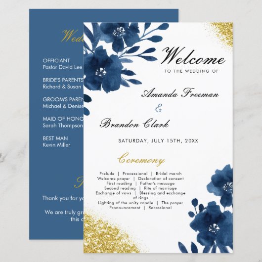 Chic Navy Waterverf Flowers Gold Glitter Wedding (Voorkant / Achterkant)