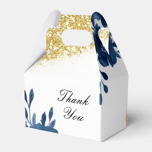Chic Navy Waterverf Flowers Gold Glitter Wedding Bedankdoosjes (Achterkant)