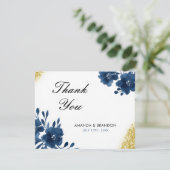 Chic Navy Waterverf Flowers Gold Glitter Wedding Bedankkaart (Staand voorkant)