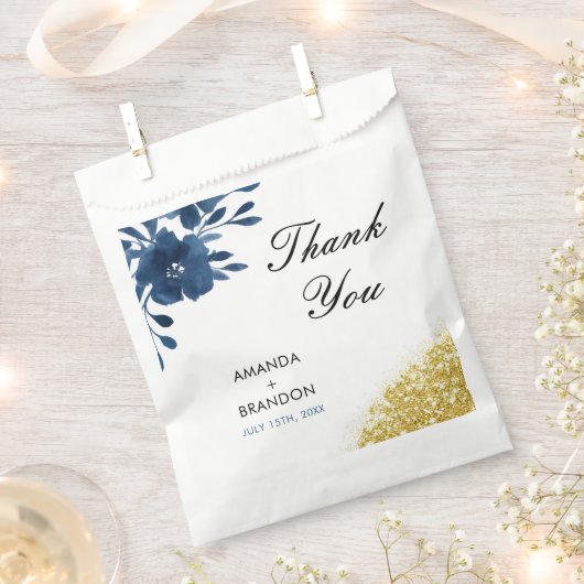 Chic Navy Waterverf Flowers Gold Glitter Wedding Bedankzakje (Geknipt)