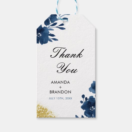 Chic Navy Waterverf Flowers Gold Glitter Wedding Cadeaulabel (Voorkant)
