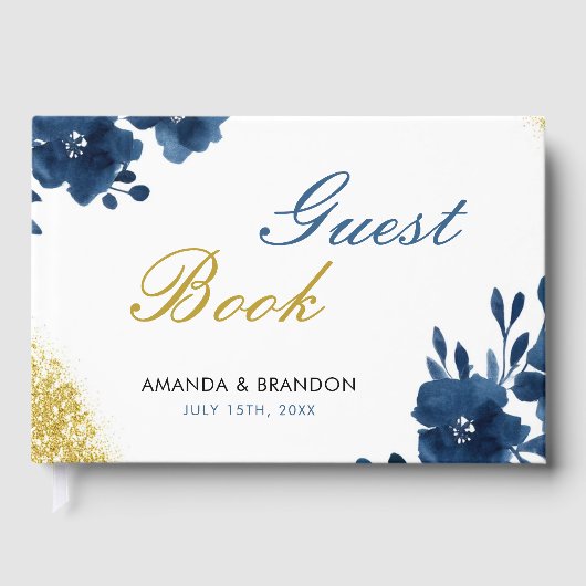 Chic Navy Waterverf Flowers Gold Glitter Wedding Gastenboek (Voorkant)