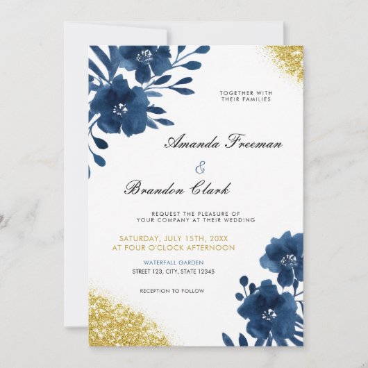 Chic Navy Waterverf Flowers Gold Glitter Wedding Kaart (Voorkant)