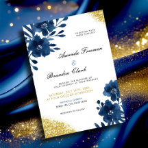 Chic Navy Waterverf Flowers Gold Glitter Wedding