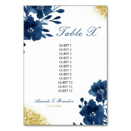 Chic Navy Waterverf Flowers Gold Glitter Wedding Kaart